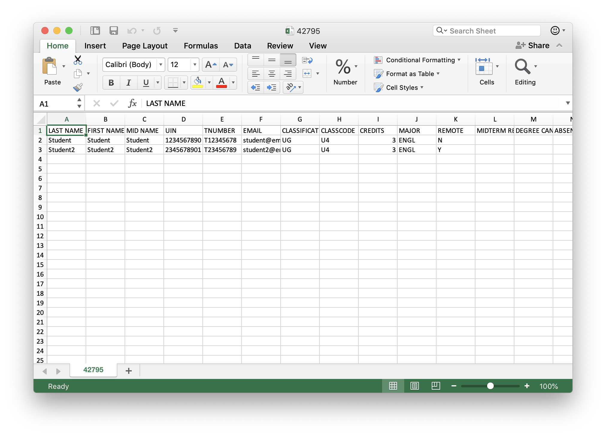 The CSV file open in Excel
