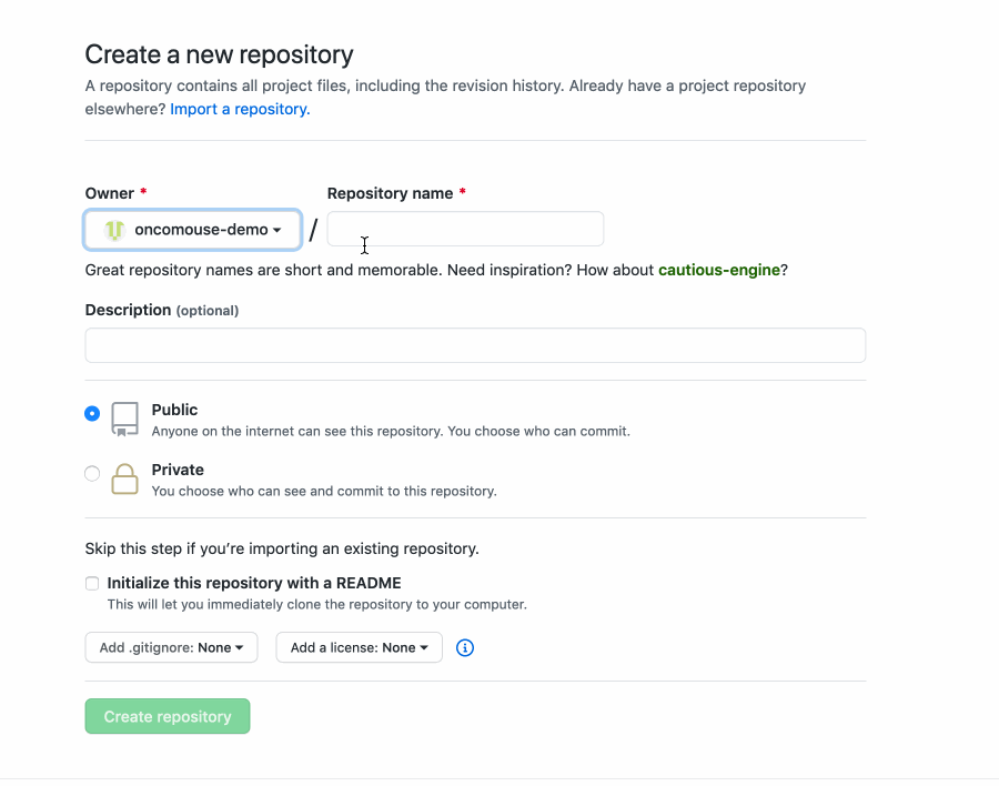 An example of creating a new repository on GitHub