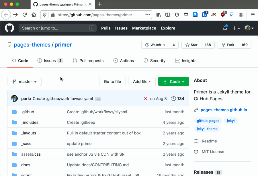 GIF of a visit to the primer theme's repository. Layout and include folders are visited
